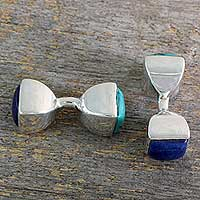 Turquoise and lapis lazuli cufflinks, 'Dreamer' - Lapis Lazuli and Turquoise Silver Cufflinks from India