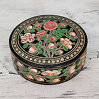 Papier mache box, 'Rose Grandeur' - Flowers on Papier Mache Decorative Box from India
