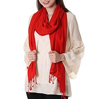 Wool and silk shawl, 'Scarlet Attraction' - Wool and Silk Blend Red Wrap Shawl from India