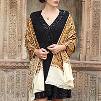 Wool shawl, 'Golden Chrysanthemums' - Chain Stitch Embroidered Brown and Yellow Floral Shawl