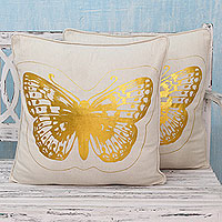 Cotton cushion covers Golden Butterflies pair India