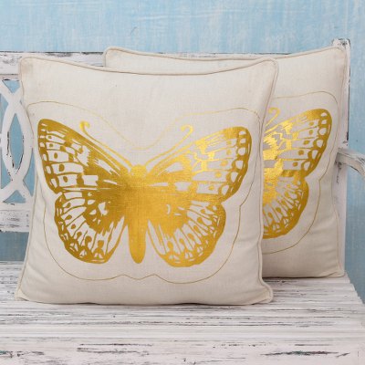 Cotton cushion covers, Golden Butterflies (pair)