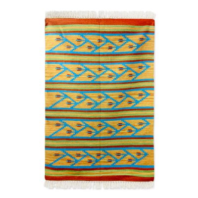 Wool rug, 'Blue Clematis' (4x6) - Modern Floral Handwoven Blue and Yellow Dhurrie Rug (4 x 6)