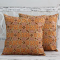 Embellished cushion covers, 'Morning Marigolds' (pair) - Embellished Cotton Cushion Covers in Autumn Colors (Pair)