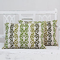 Beaded cotton cushion covers Forest Ferns pair India