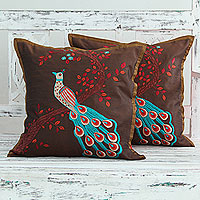 Embroidered cushion covers, 'Peaceful Peacock' (pair) - India Bird Theme Brown Embroidered Cushion Covers (Pair)