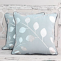 Cotton cushion covers, 'Drifting Leaves' (pair) - Pale Blue Cotton Cushion Covers with Silver Leaves (Pair)