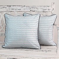 Cotton cushion covers, 'Silver Echo' (pair) - Indian Pale Blue Silver Print Cotton Cushion Covers (Pair)