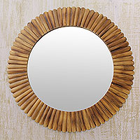 Bamboo wall mirror, 'Halo of Warmth' - Round Fair Trade Bamboo Wall Mirror