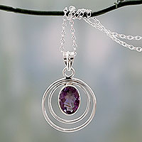 Amethyst pendant necklace, 'Twin Halo' - Modern Artisan Crafted Silver and Amethyst Pendant Necklace