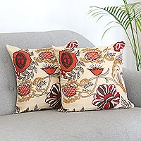 Embroidered cushion covers, 'Cheerful Garden' (pair) - Embroidered Flowers on Square Cotton Cushion Covers (Pair)