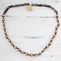 Cotton and wood long beaded necklace,