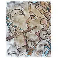 'Krishna the Musician' - Original Signed Painting of Krishna with a Peacock