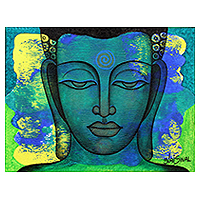 'Peaceful Reign' - Expressionistic Signed Portrait of Buddha in Blue