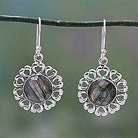 Labradorite flower earrings, 'Mystic Blossom' - India Artisan Crafted Floral Theme Labradorite Earrings