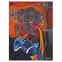 'Peaceful Ganesha' - Hinduism Deity Ganesha Vinayak Painting Signed India Arts
