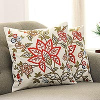 Embroidered cotton cushion covers Jaipur Meadow pair India