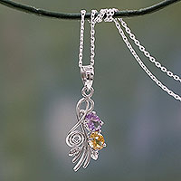 Amethyst and citrine pendant necklace, 'Tropical Bouquet' - Artisan Crafted India Necklace with Amethyst and Citrine