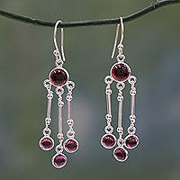 Garnet chandelier earrings, 'Dreamer' - India Handmade Garnet Chandelier Earrings in Sterling Silver