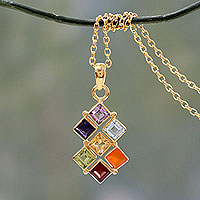 Vermeil multi-gemstone chakra necklace, 'Wellness' - Multi Gemstone Gold Vermeil Necklace Chakra Jewelry