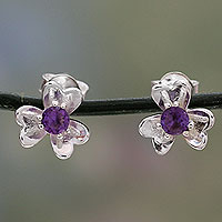 Amethyst button earrings, 'Cradle Lily' - Amethyst Centered Floral Silver Earrings from India