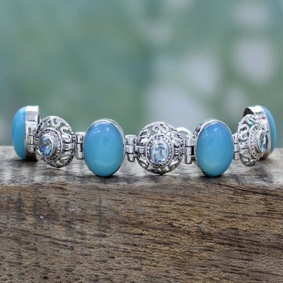 Chalcedony and blue topaz link bracelet, Mystic Charmer