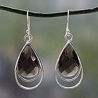 Smoky quartz dangle earrings, 'Delhi Glam' - Faceted Smoky Quartz Earrings Handmade in India