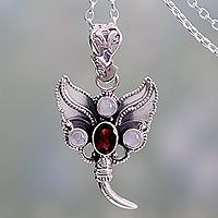 Rainbow moonstone and garnet pendant necklace, 'Butterfly Triumph' - Silver Butterfly with Garnet and Rainbow Moonstone