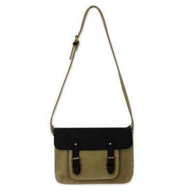 Leather accent cotton messenger bag, 'Casual in Khaki' - Khaki Canvas Messenger Bag with Black Leather Trim