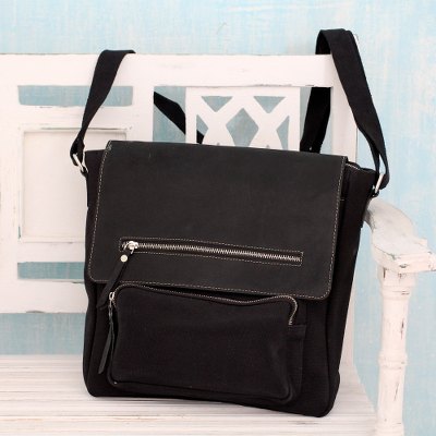 Leather accent cotton messenger bag, 'Black Pockets Aplenty' - Black Leather and Canvas Messenger Bag with 8 Pockets