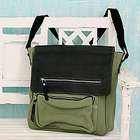 Leather accent cotton messenger bag Green Pockets Aplenty India