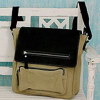 Leather accent cotton messenger bag Beige Pockets Aplenty India