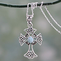 Larimar cross pendant necklace, 'Sacred Realm' - Artisan Crafted Cross Pendant Necklace with Larimar