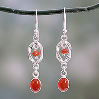 Onyx dangle earrings, 'Festive Red Knot' - Artisan Crafted Sterling Silver and Red Onyx Dangle Earrings