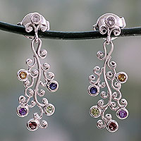 Multi-gemstone dangle earrings, 'Rainbow Wisteria' - Silver Earrings Handcrafted with 6 Kinds of Gems