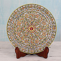 Marble decorative plate Golden Mughal Blossoms India