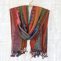 Wool shawl Modern Paisley Rainbow India