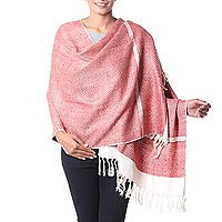 Silk shawl, 'Harmonious Orange Herringbone' - India Orange and White Handwoven Silk Shawl