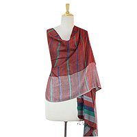 Silk shawl, 'Festival in Orissa' - Handwoven Red and Blue Silk Shawl with Turquoise and Grey