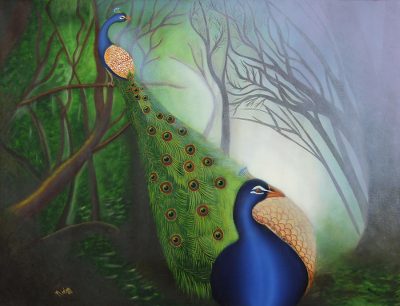 'Bhor' (2013) - Peacocks in the Morning Original Signed Painting from India