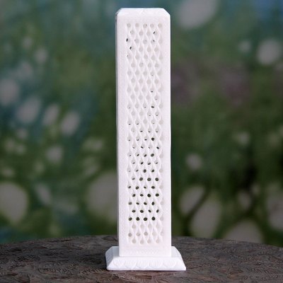 Marble candleholder, 'Mughal Pillar of Light' - Artisan Crafted Marble Candle Holder for 6 Taper Candles