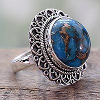 Sterling silver cocktail ring, 'Golden Blue Mirage' - Indian Sterling Silver Ring with Blue Composite Turquoise