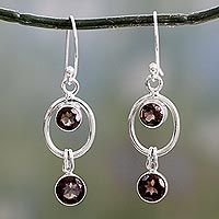Smoky quartz dangle earrings, 'Modern Mist' - Sterling Silver and Smoky Quartz Earrings from India