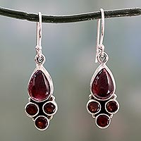 Garnet dangle earrings, 'Scarlet Meadow' - Indian Sterling Silver and Garnet Dangle Hook Earrings