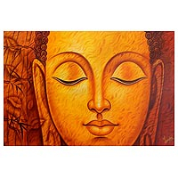 'Divine Light' - Painting of Buddha in Orange Palette by Indian Artist