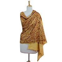 Embroidered wool shawl, 'Golden Sunrise' - Gold and Rust Embroidered Wool Shawl from India