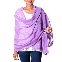 Cotton and silk shawl Chikankari Purple Paisley India