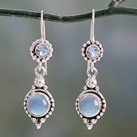Blue topaz and chalcedony dangle earrings,
