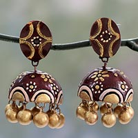 Ceramic dangle earrings, 'Chocolate Kiss' - Artisan Crafted Brown and Gold Ceramic Dangle Earrings