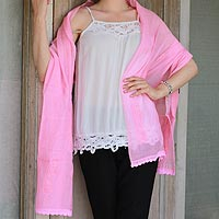 Cotton and silk blend shawl, 'Pink Paisley Dreams' - Hand Embroidered Pink Paisley Shawl from Indian Artisan